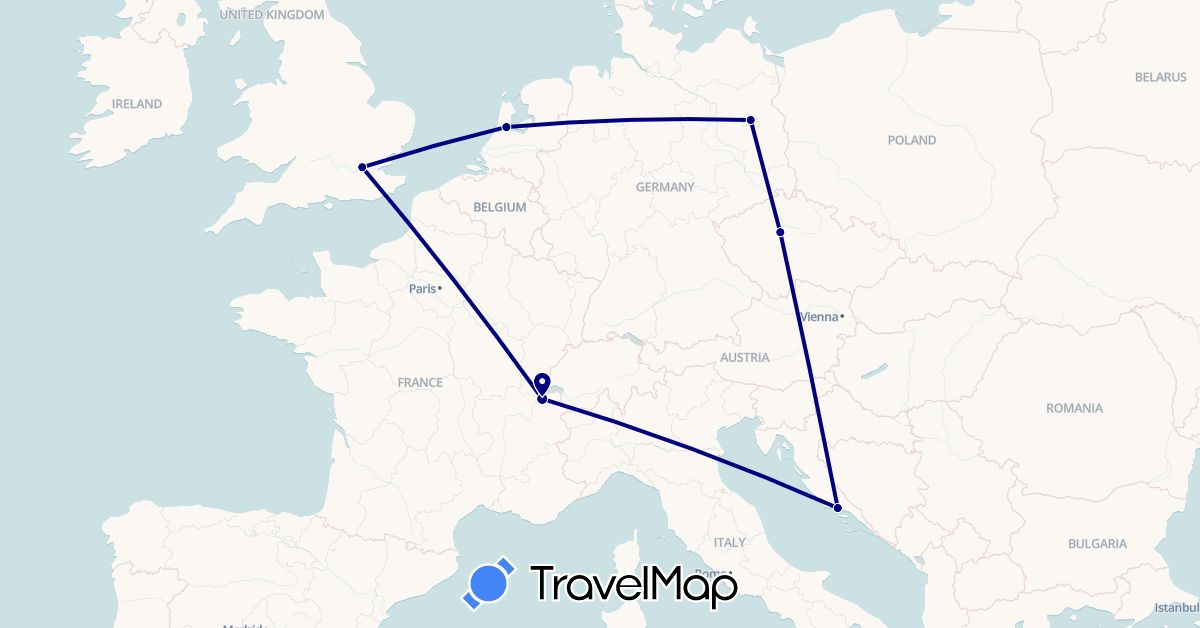 TravelMap itinerary: driving in Switzerland, Czech Republic, Germany, United Kingdom, Croatia, Netherlands (Europe)
